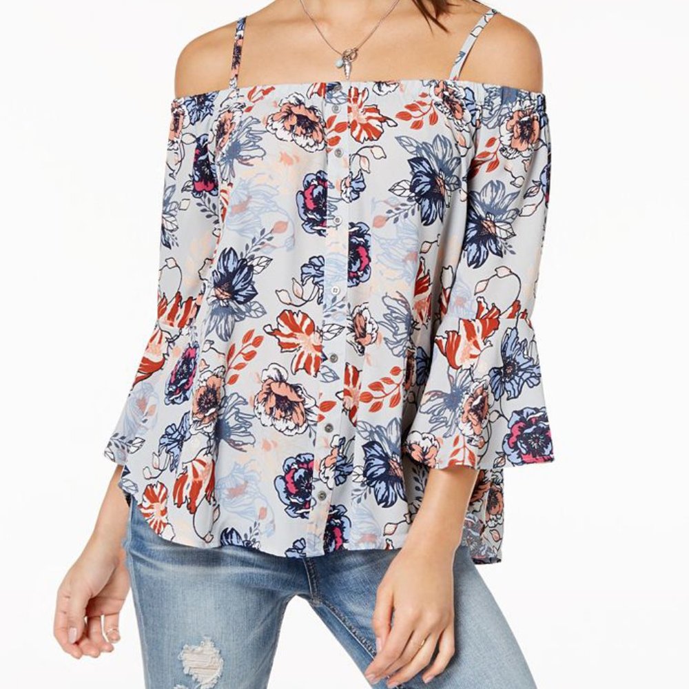 7 Sisters Women' Cold-Shoulder Floral Blouse Top Size S